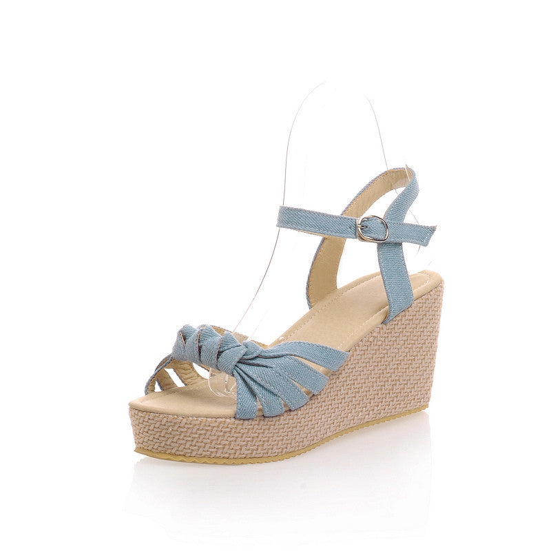 Summer Ankle Strap Sandals Denim Wedges Platform High-heeled Shoes Woman