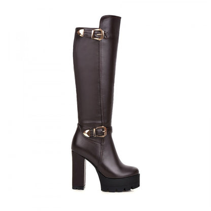 Round Toe Buckle Knee High Boots Platform High Heels Shoes Woman