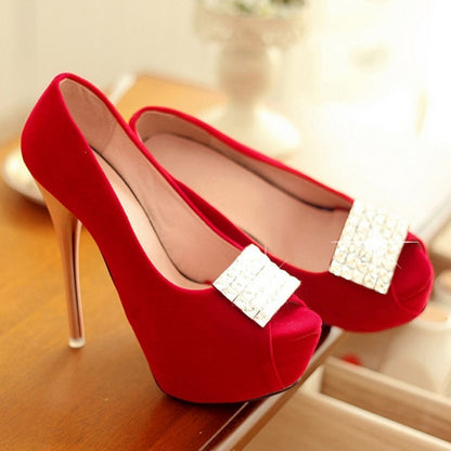 Rhinestone Women Platform Pumps High Heels Peep Toes Stiletto Wedding Shoes Woman