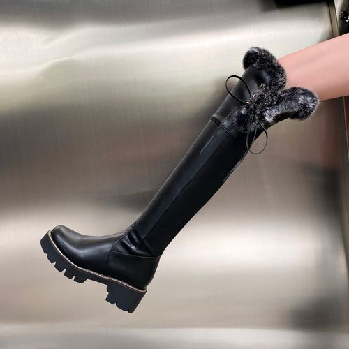 Women Fur Chunky High Heel Tall Boots