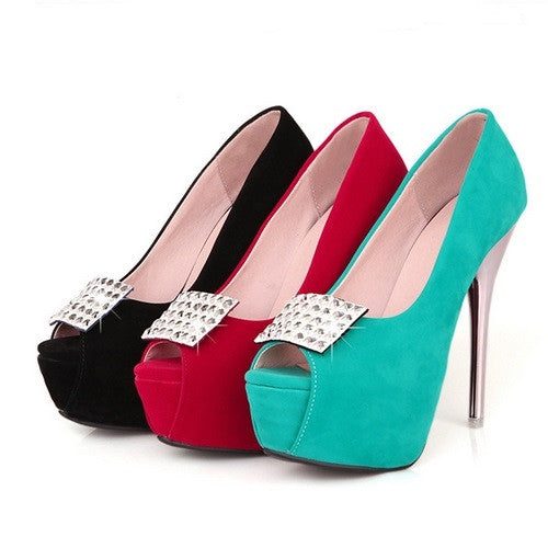 Rhinestone Women Platform Pumps High Heels Peep Toes Stiletto Wedding Shoes Woman