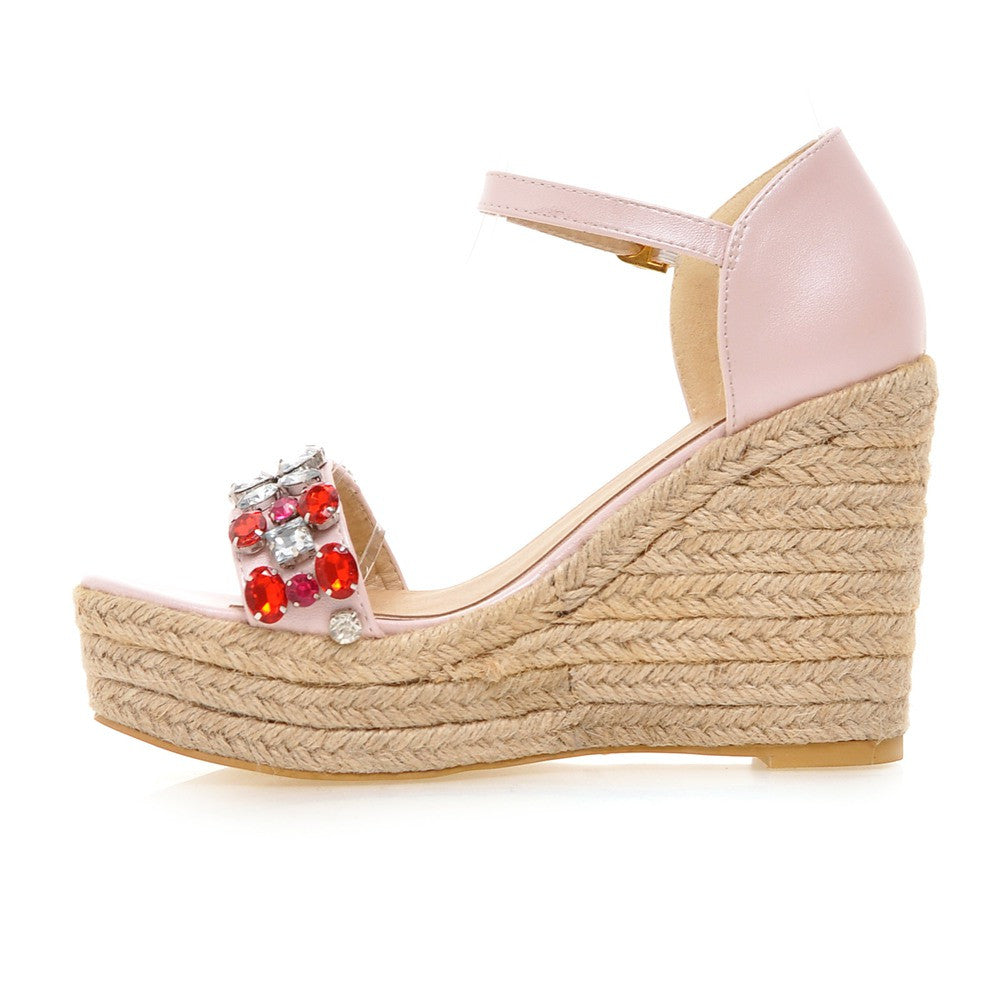 Women Woven Wedges with Rhinestone Ankle Straps Platform Shoes