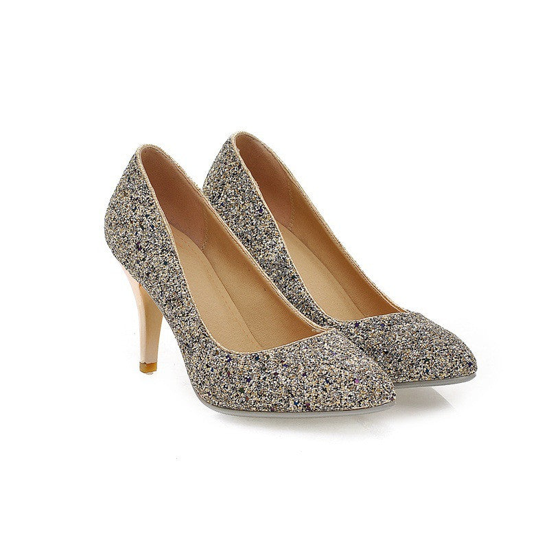 Pointed Toe Women Pumps Spike High Heels Sequined Wedding Shoes Woman