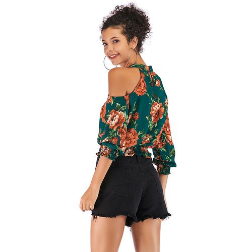 Sexy Off-the-shoulder Round Neck Spring Slim Print Jacket Women Chiffon Shirt Blouses