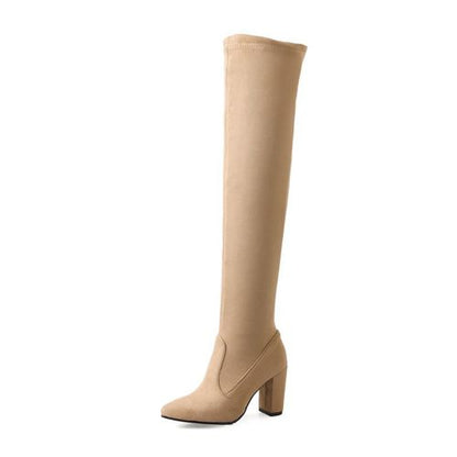 Women Pointed Toe Velvet High Heel Thigh High Boots