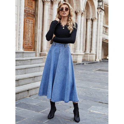 Ins Fashion Elegant All-matched Dip Hem High Waist Denim Long Women Skirts