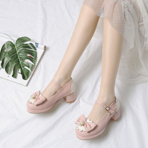 Women Chunky Heel Pumps Mary Janes Shoes with Bowtie Pearl