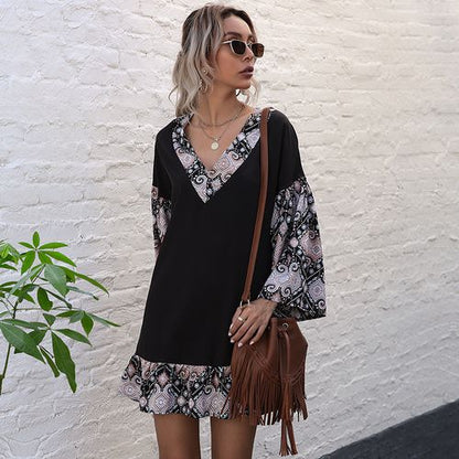 Tinted Printed Chiffon Spring Summer Loose Vskirt Collar Women Dresses