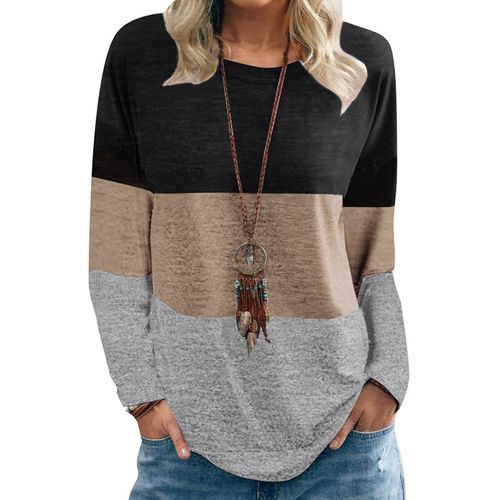 Womens Round Neck Pullover Color Contrast Top T-shirt