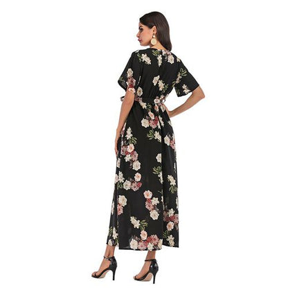 Chiffon Long Skirt Black Causual Print Beam Waist Large Swing Skirt Women Dresses