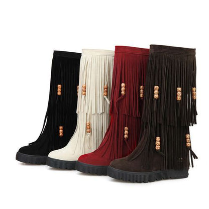 Women Tassel Platform Wedges Mid Calf Boots