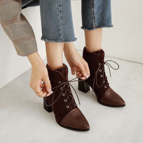 Women Pointed Toe Lace Up High Heels Short Boots