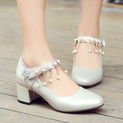 Women Rhinestone Tassel High Heeled Chunky Heels Pumps