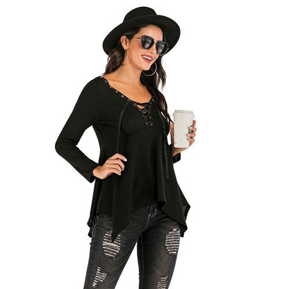 Sexy V-neck Casual  Spring Slim Tie Irregular Top Women T Shirts