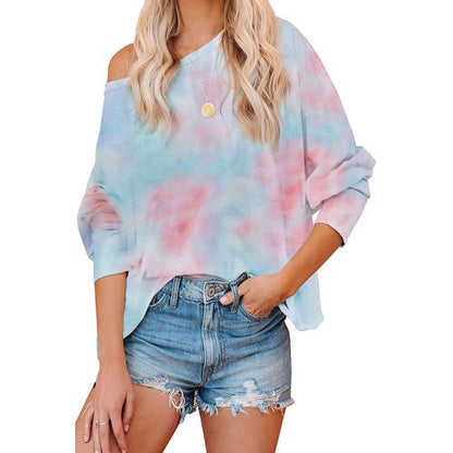 Women Tie-dye Gradient Off-the-shoulder T-shirt Long Sleeved Top