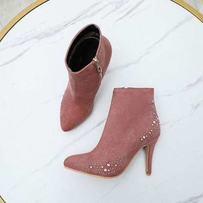 Pointed Toe Rhinestone Women High Heels Short Boots