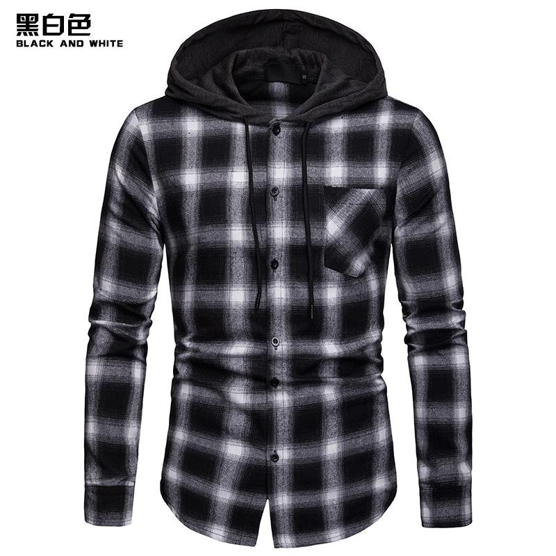 Men's Business Grid Casual Hooded Long Sleeves Shirts