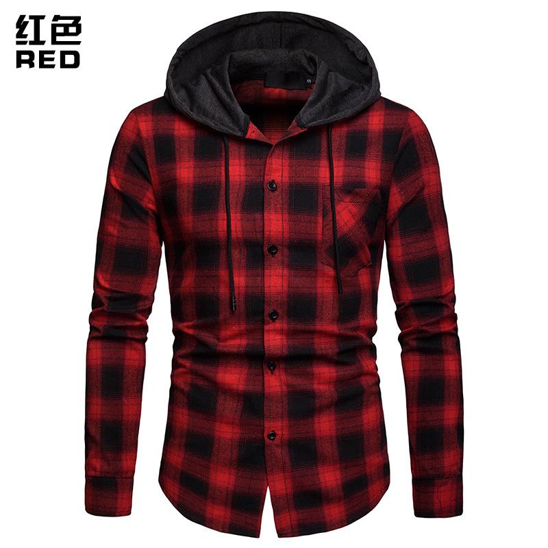 Men's Business Grid Casual Hooded Long Sleeves Shirts