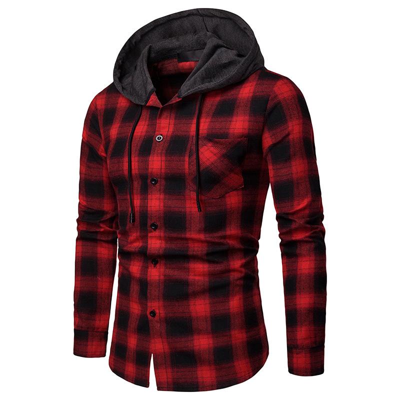 Men's Business Grid Casual Hooded Long Sleeves Shirts