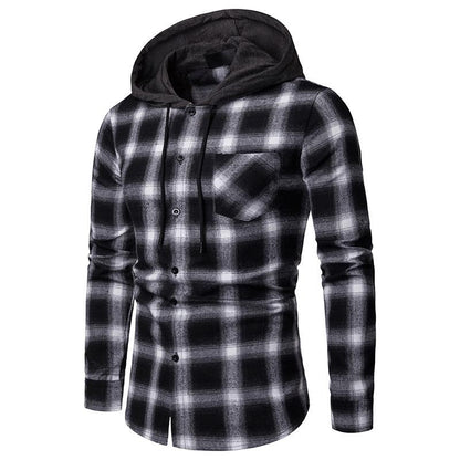 Men's Business Grid Casual Hooded Long Sleeves Shirts