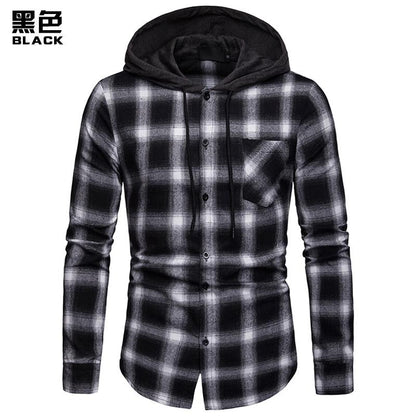 Men's Business Grid Casual Hooded Long Sleeves Shirts