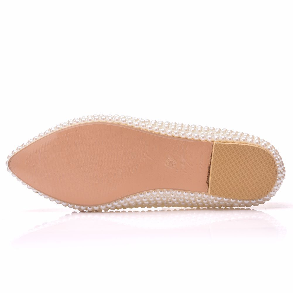 Women Pointed Toe Shallow Wedding Pearls Bow Tie Flats