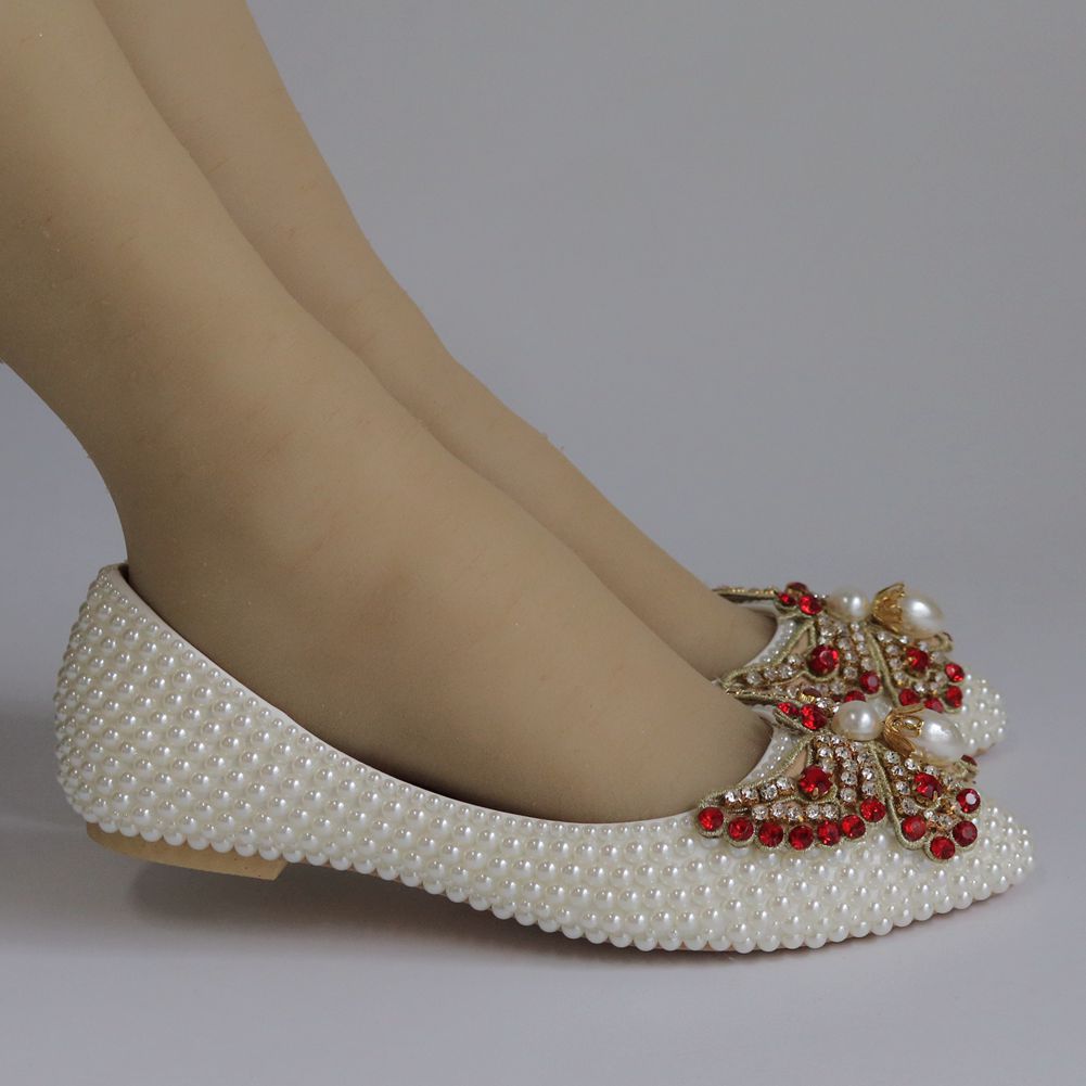 Women Pointed Toe Shallow Wedding Pearls Bow Tie Flats