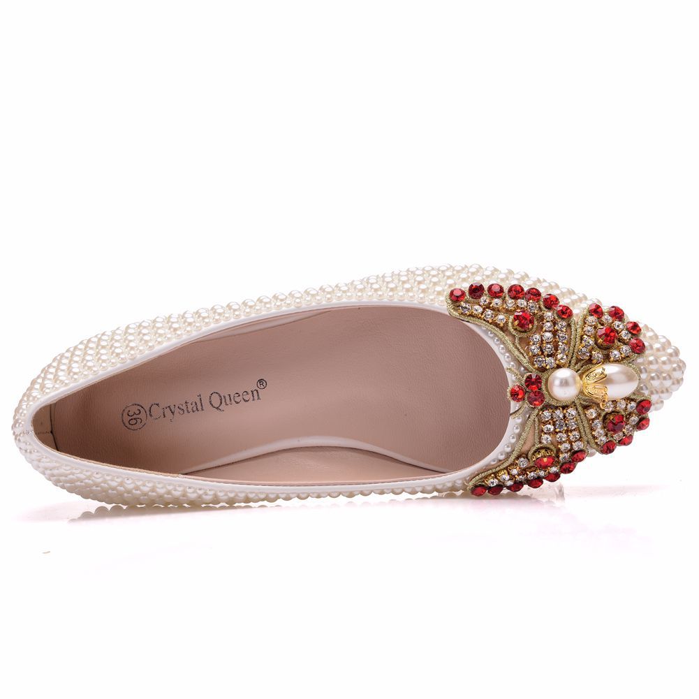 Women Pointed Toe Shallow Wedding Pearls Bow Tie Flats