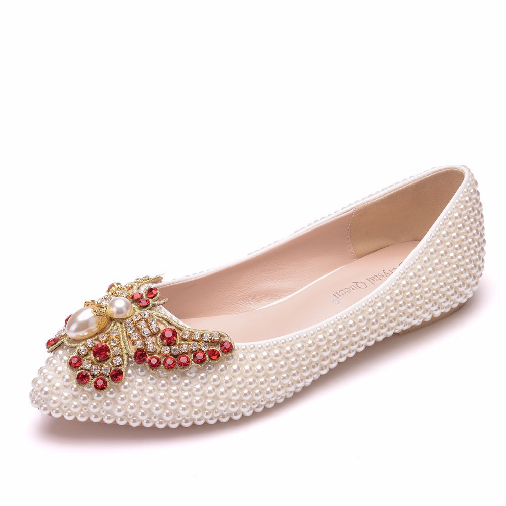 Women Pointed Toe Shallow Wedding Pearls Bow Tie Flats