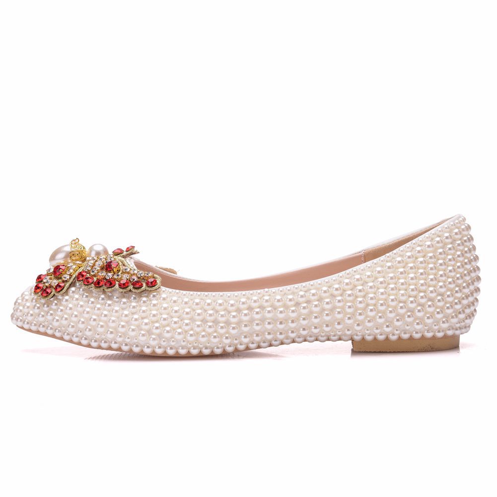 Women Pointed Toe Shallow Wedding Pearls Bow Tie Flats