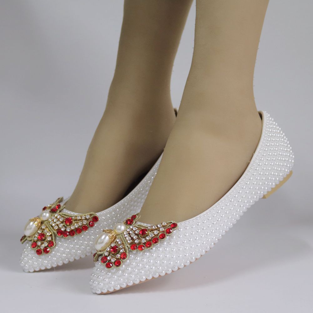 Women Pointed Toe Shallow Wedding Pearls Bow Tie Flats