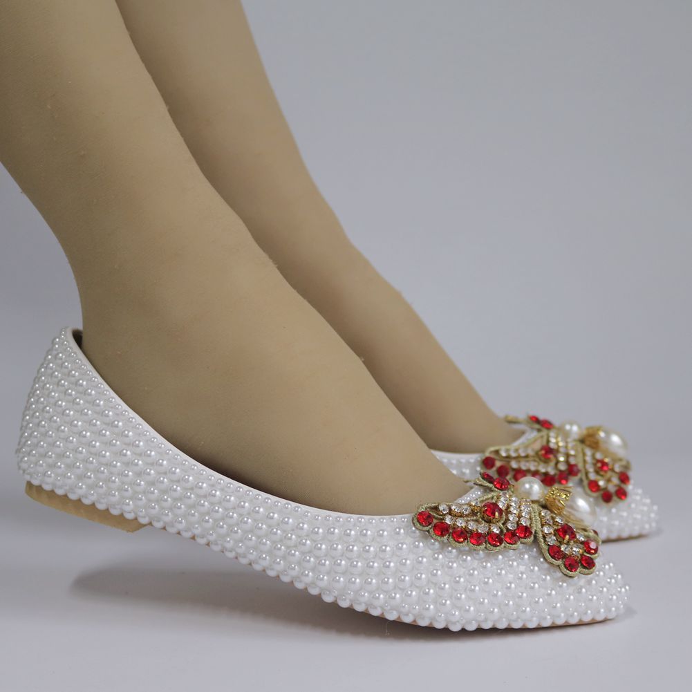 Women Pointed Toe Shallow Wedding Pearls Bow Tie Flats