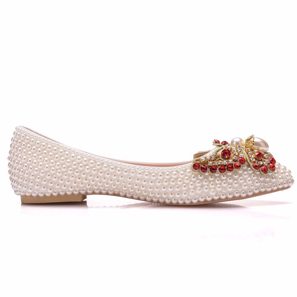 Women Pointed Toe Shallow Wedding Pearls Bow Tie Flats