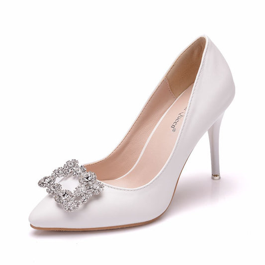 Women Pointed Toe Rhinestone Square Buckles Stiletto Heel Pumps Wedding Shoes