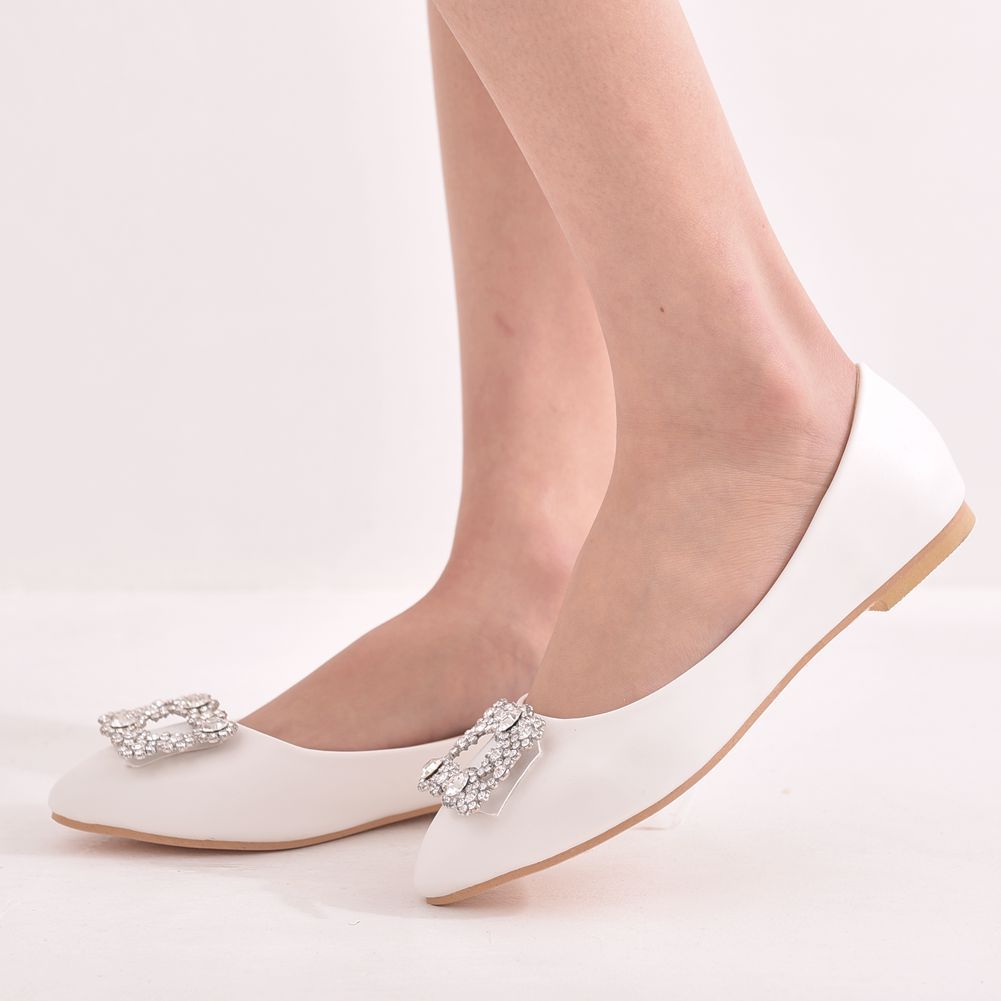 Women Pointed Toe Shallow Square Buckles Rhinestone Bridal Wedding Shoes Flats