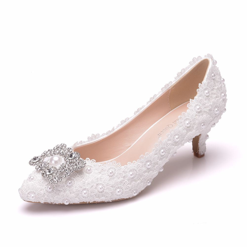 Women Stiletto Heel Pointed Toe Rhinestone Lace Beads Bridal Pumps Wedding Shoes