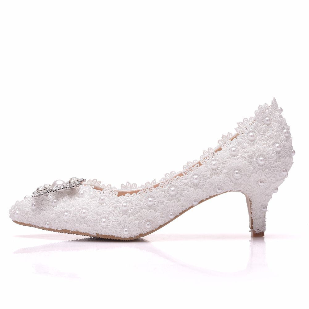 Women Stiletto Heel Pointed Toe Rhinestone Lace Beads Bridal Pumps Wedding Shoes