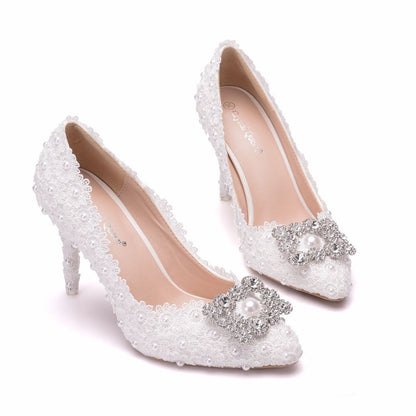 Women Pearls Rhinestone Lace Stiletto Heel Pumps Wedding Shoes