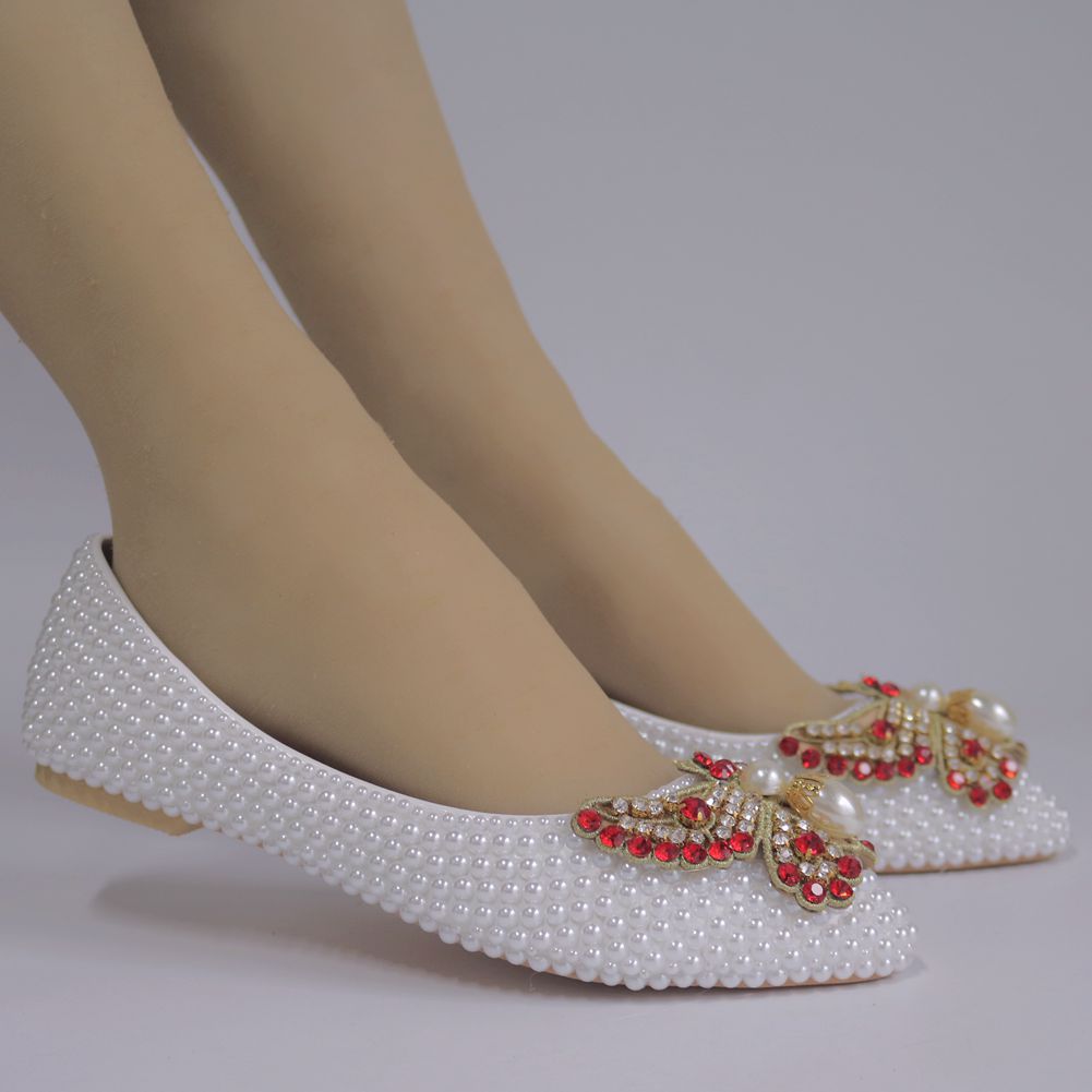 Women Pointed Toe Shallow Wedding Pearls Bow Tie Flats