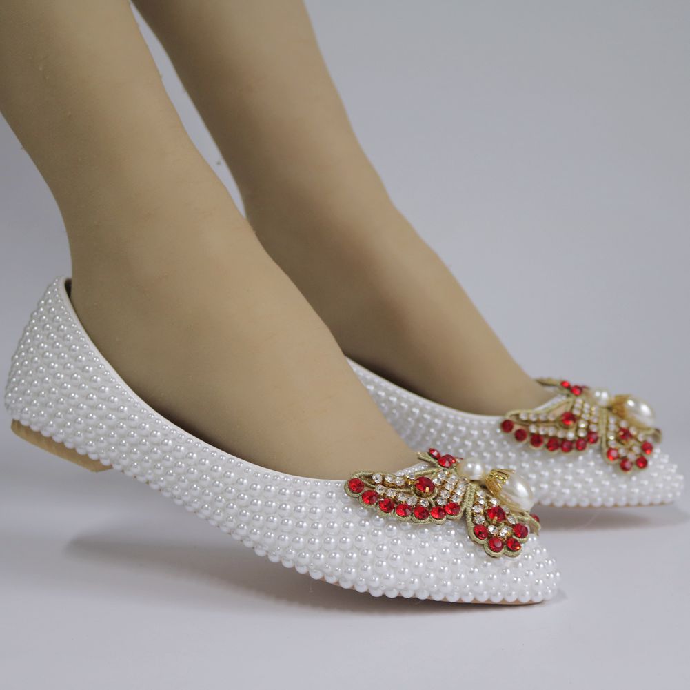 Women Pointed Toe Shallow Wedding Pearls Bow Tie Flats