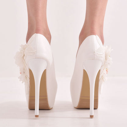 Women Round Toe Flora Feathers Stiletto Heel Platform Pumps Bridal Wedding Shoes