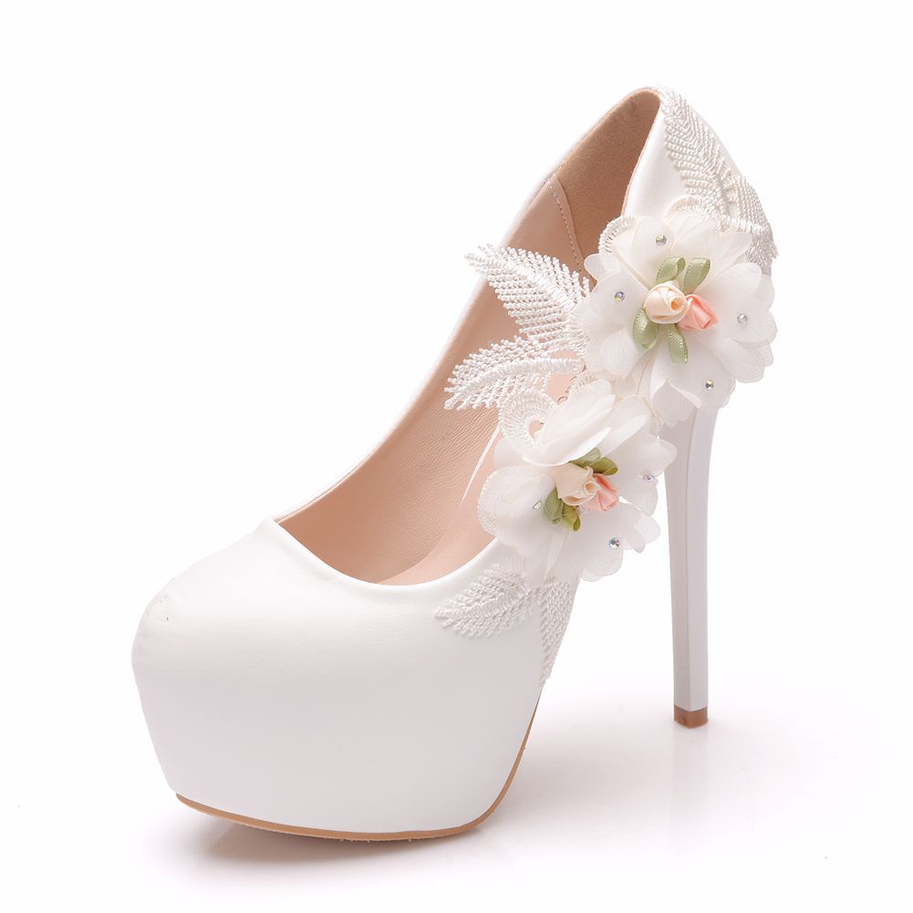 Women Round Toe Flora Feathers Stiletto Heel Platform Pumps Bridal Wedding Shoes