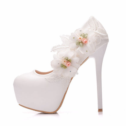 Women Round Toe Flora Feathers Stiletto Heel Platform Pumps Bridal Wedding Shoes