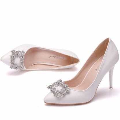 Women Pointed Toe Rhinestone Square Buckles Stiletto Heel Pumps Wedding Shoes