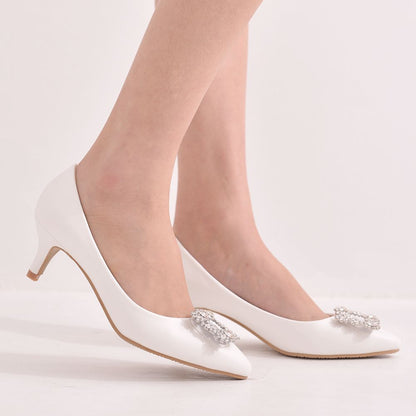 Women Stiletto Heel Pointed Toe Pumps Rhinestone Square Buckles Bridal Wedding Shoes