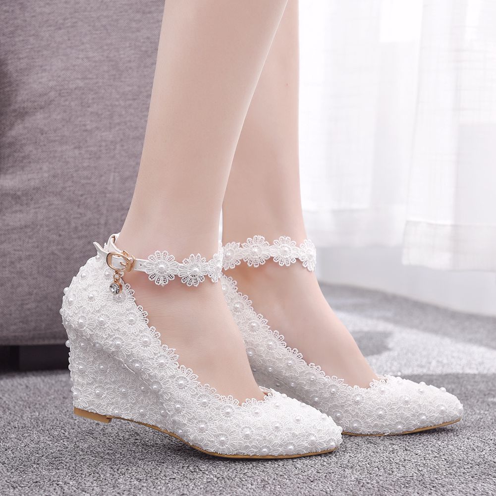 Pointed Toe Pearls Lace Shallow Ankle Strap Wedge Heel Women Pumps Wedding Shoes