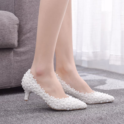 Women Lace Beads Bridal Wedding Shoes Pointed Toe Pumps Stiletto Heel