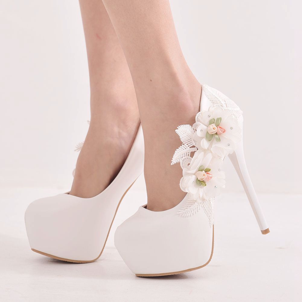 Women Round Toe Flora Feathers Stiletto Heel Platform Pumps Bridal Wedding Shoes