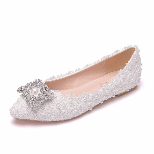 Women Pointed Toe Shallow Square Buckles Rhinestone Lace Wedding Flats