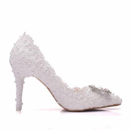 Women Pearls Rhinestone Lace Stiletto Heel Pumps Wedding Shoes